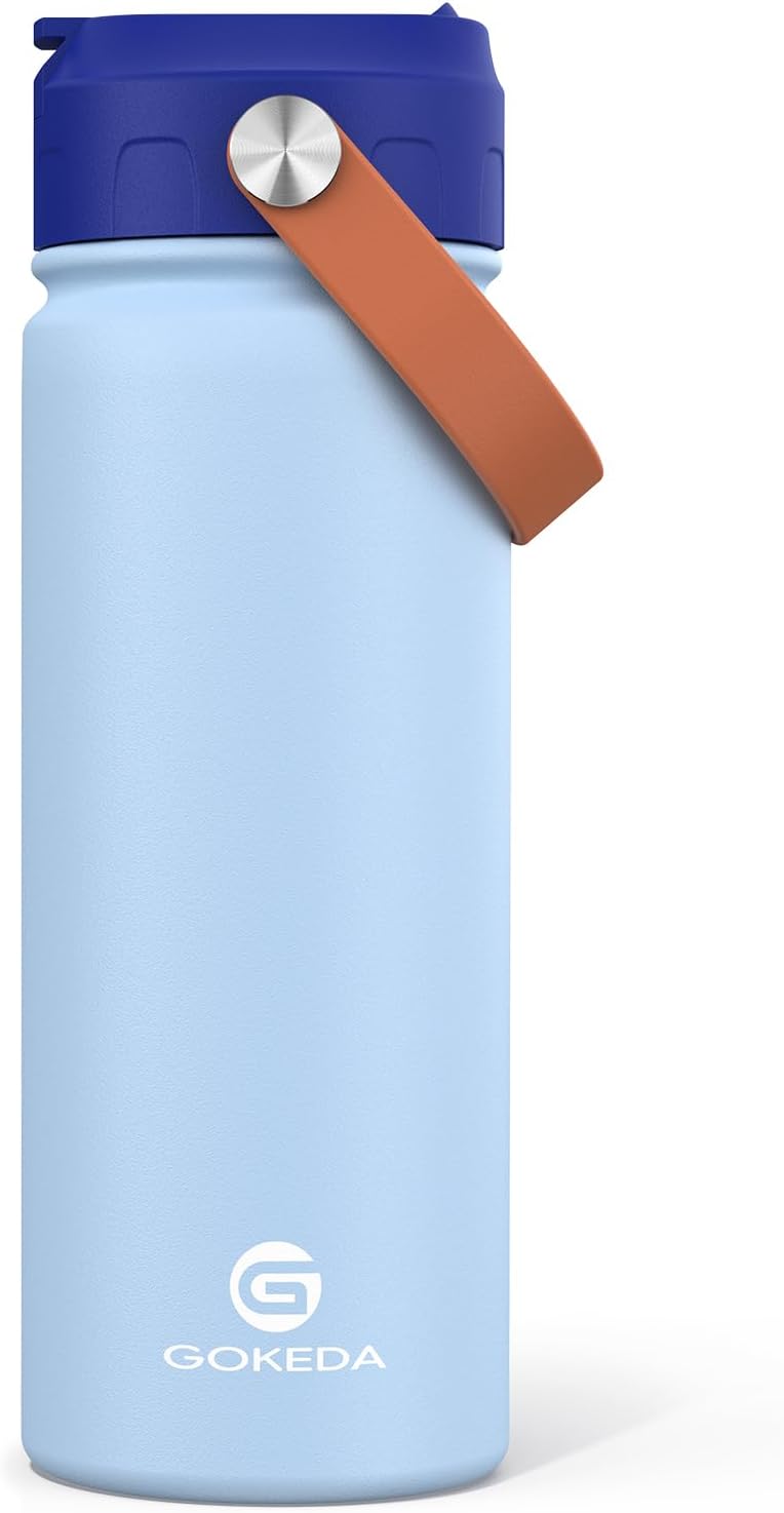 GOKEDA 18oz Kids Water Bottle, Insulated Water Bottles with Stickers, 18/8 Stainless Steel Vacuum Leak Proof Straw Cup for School, Gifts for Boys(Light Blue) - Image 1